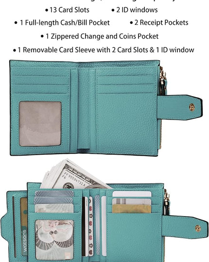 AINIMOER Women's RFID Blocking Leather Small Compact Bi-fold Zipper Pocket Wallet Card Case Purse with id Window