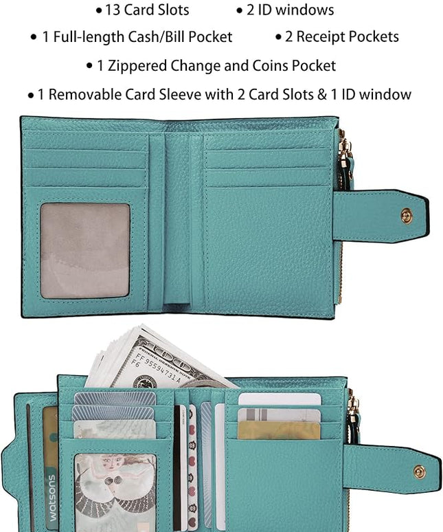 AINIMOER Women's RFID Blocking Leather Small Compact Bi-fold Zipper Pocket Wallet Card Case Purse with id Window