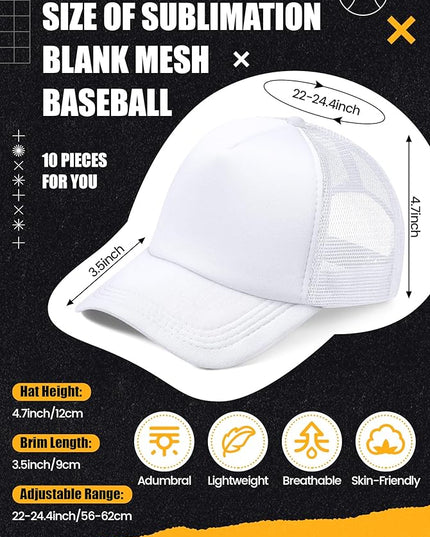 10 Pcs Sublimation Blank Trucker Hats Bulk Mesh Baseball Cap Polyester Mesh Trucker Hat for Men and Women