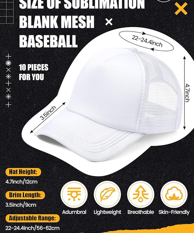 10 Pcs Sublimation Blank Trucker Hats Bulk Mesh Baseball Cap Polyester Mesh Trucker Hat for Men and Women