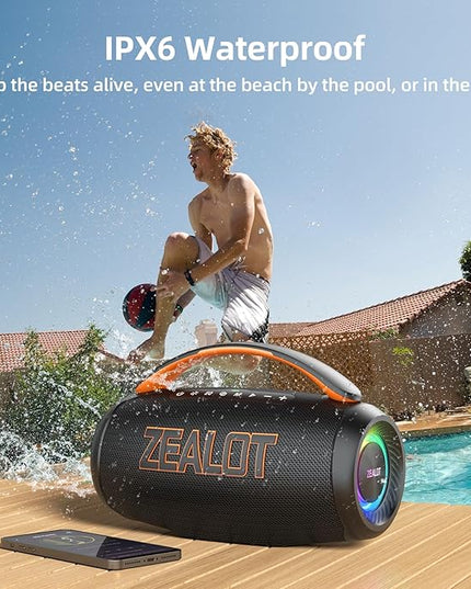 ZEALOT Portable Bluetooth Speaker, 80W Peak Waterproof Loud Booming Sound Speakers, Dual Pairing, XBass, 20H Playtime, Outdoor Speaker with Handle for Camping, Beach, Party, Backyard(Black)