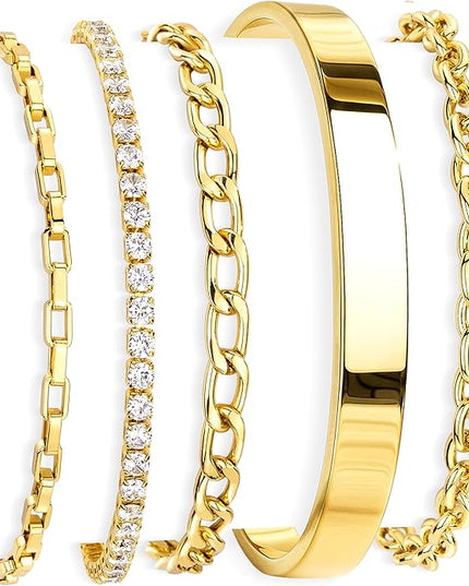 Gold Bracelets Set for Women Stack, Dainty Thick Bracelets Stack for Women Trendy, Simple Thin Gold Plated Cuff Stackable Bracelets With Beaded Cuban Paperclip Snake Rope Bangle Hand Chain Jewelry Gifts for Women Non Tainish