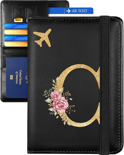Slohif Initial Passport Holder Cover Wallet Case for Travel Women - Leather Letter Passport Book Family Multiple Personalized Organizer Card Slots Protector Sleeve Essentials Slim Carrier Black C