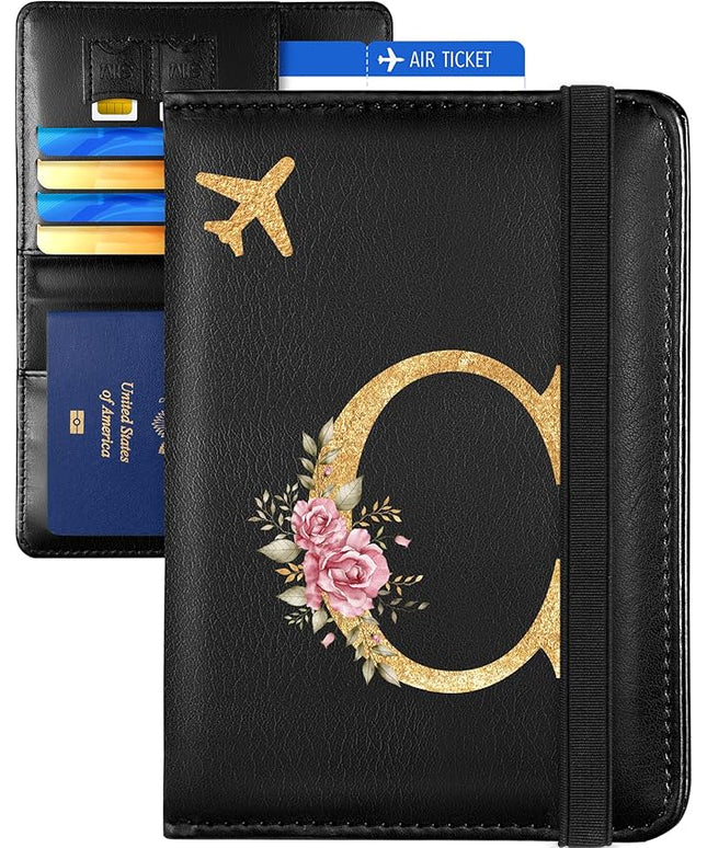Slohif Initial Passport Holder Cover Wallet Case for Travel Women - Leather Letter Passport Book Family Multiple Personalized Organizer Card Slots Protector Sleeve Essentials Slim Carrier Black C