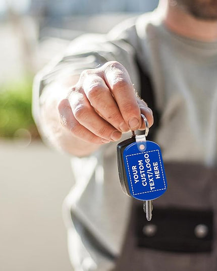 DISCOUNT PROMOS Tag Soft Plastic Keychains - 10 pack - Customizable Text, Logo - Small Key Tag Chain For Staying Organized - Rubber Key Ring Keychain – Blue