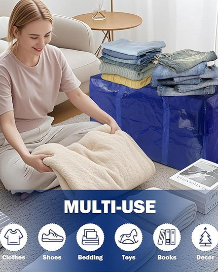 12 Pack Extra Heavy Duty Large Moving Bags with Strong Zipper & Carrying Handles, Sturdy Clothes Storage Bags Totes Bins, Packing Bag Move Boxes College Moving Supplies, Dark Blue - 24 gal