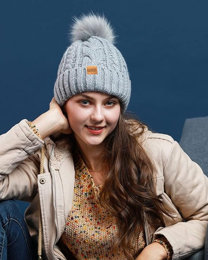 REDESS Women Winter Pompom Beanie Hat with Warm Fleece Lined, Thick Slouchy Snow Knit Skull Ski Cap