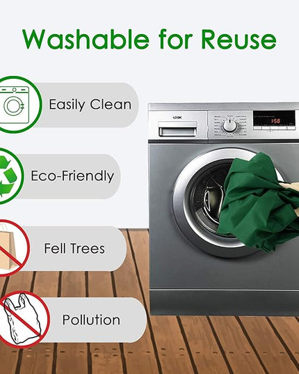 BeeGreen Christmas Green Reusable Grocery Bags with Zipper Storage Pouch 10 Packs Dark Green Reusable Shopping Bags Bulk Foldable-Machine Washable