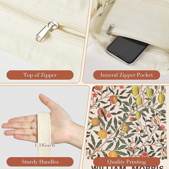 BROADREAM Aesthetic Canvas Tote Bag for Women, Vintage Reusable Book Tote Bag with Inner Zipper Pocket