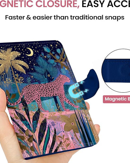 Passport Holder for Travel Essentials, RFID Blocking Leather Cover Wallet with Magnetic Closure, Aesthetic & Cute Passport Book Case for Women and Men - Cheetah