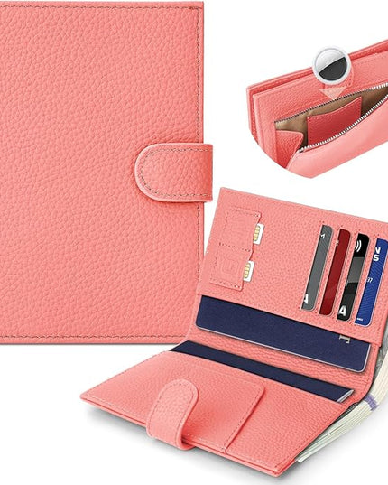 Genuine Leather Passport Holder for Women Men, Hidden Airtag Pocket, RFID Blocking, Zippered Coins Pocket & Cash Compartment Travel Gifts Essentials Passport Cover Case - Hot pink