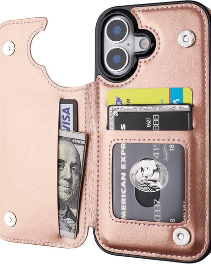 ONETOP Compatible with iPhone 17 Wallet Case with Card Holder, PU Leather Kickstand Card Slots Case, Double Magnetic Clasp and Durable Shockproof Cover 6.3 Inch (Rose Gold)