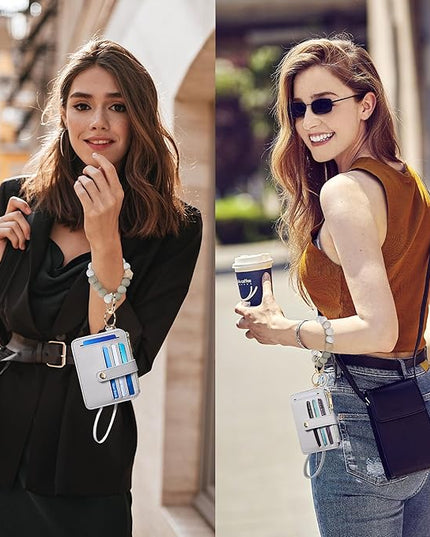 Keychain Wallet with Bracelet RFID Blocking Wristlet Credit Purse Card Holder, Silicone Bead Tassel Key Ring for Women