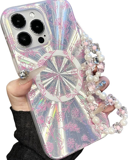 Compatible with iPhone 15 Pro Cases,Cute Flower Phone case with Floral Pearl Chain,Compatible MagSafe Silicone Shockproof Phone case for Women and Teenage Girls.