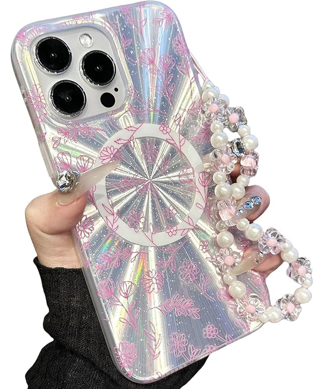 Compatible with iPhone 15 Pro Cases,Cute Flower Phone case with Floral Pearl Chain,Compatible MagSafe Silicone Shockproof Phone case for Women and Teenage Girls.