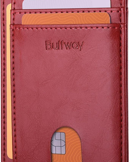 Buffway Slim Minimalist Front Pocket RFID Blocking Leather Wallets for Men and Women - Alaska Cherry