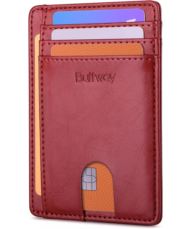 Buffway Slim Minimalist Front Pocket RFID Blocking Leather Wallets for Men and Women - Alaska Cherry
