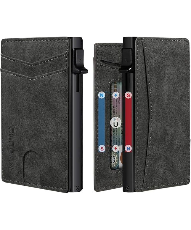 RUNBOX Slim Card Wallet for Men with ID Window – Minimalist RFID Wallet, Pop-Up Function, Ultra Thin Design, Metal Business Card Case Holds 8+ Cards, Gifts for Men, Men's Accessories