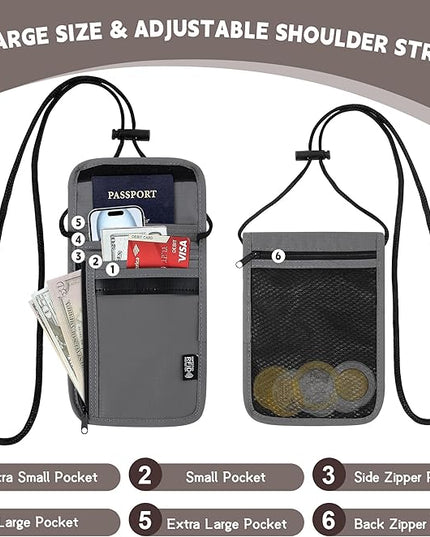 5.5" L x 7.9" W Travel Neck Wallet, RFID Blocking Passport Holder, Security Lightweight Passport Travel Wallet, Neck Pouch Gifts for Women Men(Grey)