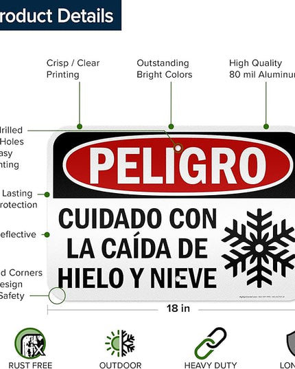 Danger Watch for Falling Ice and Snow Bilingual Sign, 12x18 Inches, 3M EGP Reflective .063 Aluminum, Fade Resistant, Made in USA by My Sign Center