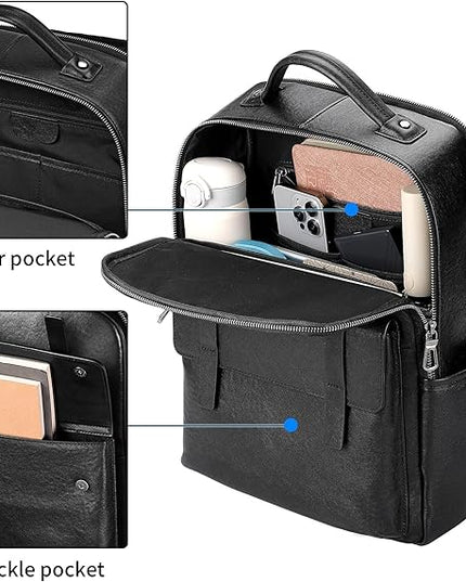 Men's Black Leather Backpack for Work Travel, Durable Genuine Leather Laptop Backpack with 15.6-inch Computer Compartment, Stylish Professional Designer