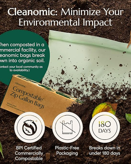 Cleanomic Compostable* Gallon Size Food Storage Bags (25 Eco Zip) Freezer and Leak Proof, Also Available Quart, Snack and Sandwich Bags
