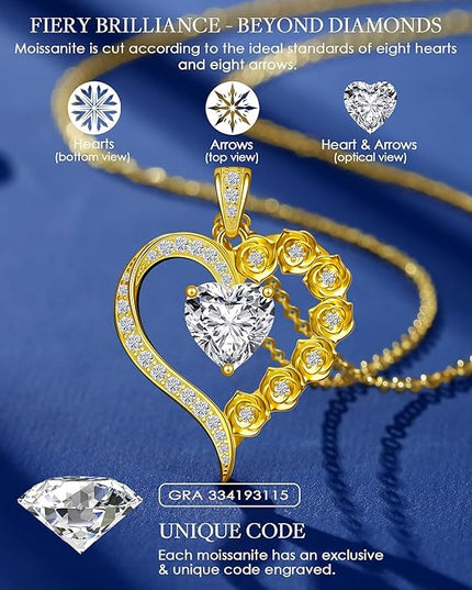 Beam & Bask 2-3 Carat Moissanite Rose Flower Heart Necklace for Her, Sterling Silver Plated with 18K Gold, Birthday, Wedding, Anniversary Pendant Jewelry for Girlfriend, Wife, Bride, Soulmate
