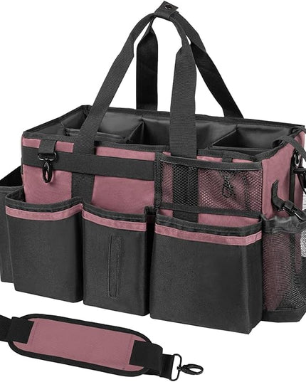 Wearable Cleaning Caddy, Cleaning Caddy Supplies Organizer with Handle & Shoulder Straps for Housekeepers, Under Sink & Car Cleaning Tool Organizers Bag with 4 Foldable Divider (LotusPink)