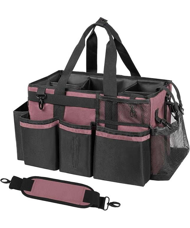 Wearable Cleaning Caddy, Cleaning Caddy Supplies Organizer with Handle & Shoulder Straps for Housekeepers, Under Sink & Car Cleaning Tool Organizers Bag with 4 Foldable Divider (LotusPink)