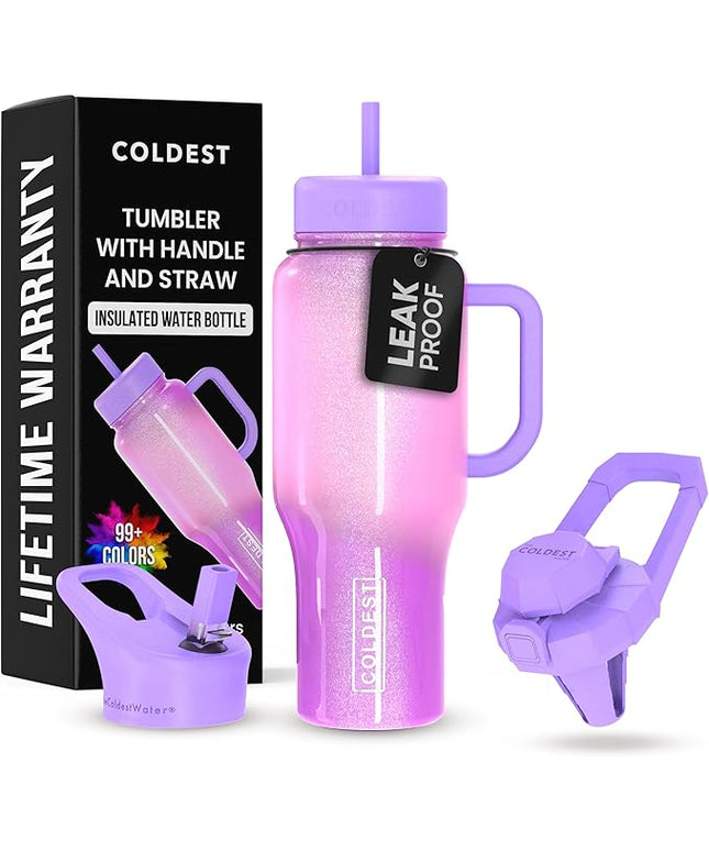 Coldest Tumbler with Handle and Straw, 100% Leak Proof Insulated Tumbler with Lid and Straw (3 Lids), Stainless Steel Tumblers for Women & Men, Cup Holder Friendly, 36 oz (Popsicle Dream)