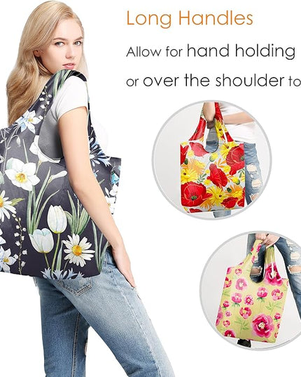 BeeGreen Flowers Reusable Grocery Bags Reusable Kitchen Bags Bulk Foldable-Machine Washable with Zipper Storage Pouch 6 Packs