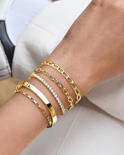 Gold Bracelets Set for Women Stack, Dainty Thick Bracelets Stack for Women Trendy, Simple Thin Gold Plated Cuff Stackable Bracelets With Beaded Cuban Paperclip Snake Rope Bangle Hand Chain Jewelry Gifts for Women Non Tainish