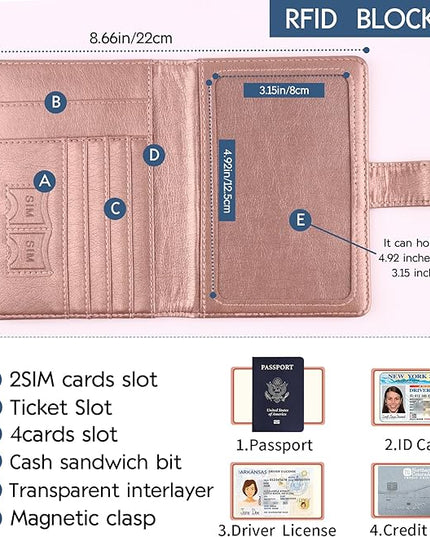 Passport Holder and Card Slot Combo RFID Blocking Leather Family Travel Passport Wallet Travel Accessories for Men Women US Passport Cover Protector (Travel pink)