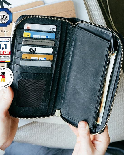 BERLINER BAGS Vintage Genuine Leather Wallet Margo, RFID Blocking Credit Card Holder, Slim Womens Wallet, Zip Around Wallet for 13 Cards and ID window, Bills, Coins - Dark Grey