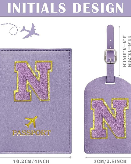 COSHAYSOO Initial Passport Cover Luggage Tag Set Letter Passport Holder Airplane Cruise Travel Essentials Vacation Traveling Accessories Personalized Gifts for Women Teen College Girls Purple N