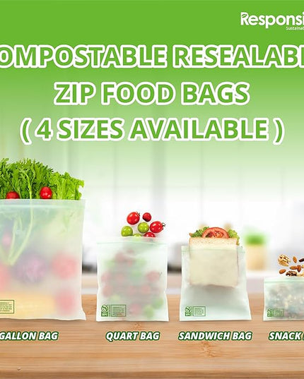 Responsible Products Certified Compostable SANDWICH Resealable Zip Bag, Extra Strength Food Bags, Made from Plant Materials (136 Pack)