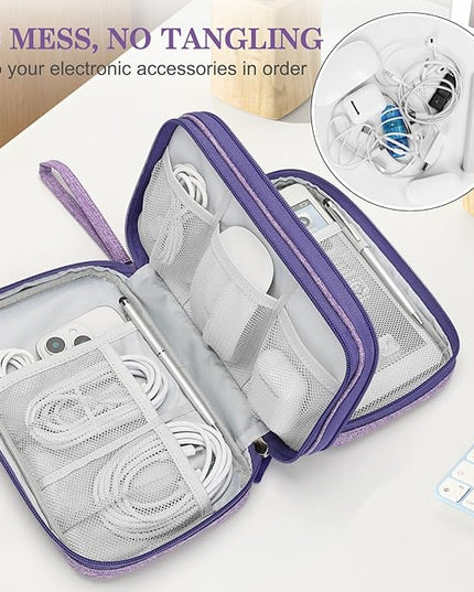 FYY Electronic Organizer, Large Travel Cable Organizer Bag Pouch Electronic Accessories Carry Case Portable Waterproof Double Layers All-in-One Storage Bag for Cable, Cord, Charger, Dark Purple