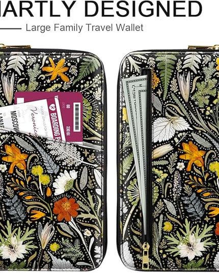 Family Passport Holder Wallet RFID Blocking Document Organizer PU Leather Mulit-purpose Travel Wallet Credit Cards Case for Women Men, Dried Flowers