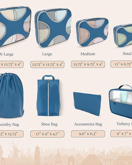 Shacke Premium 8 Packing Cubes Set - Lightweight Mesh Travel Luggage Organizers with Laundry Bag, 8-Piece Suitcase Storage System (Navy)