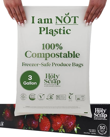 100% Compostable Produce Freezer Bags 3 Gallon Size - 50 Pack - Freezer Safe Bag for Food Storage, Eco Friendly, Plant Based Recyling Kitchen Storage Bags - BPI Certified, OK Compost Home