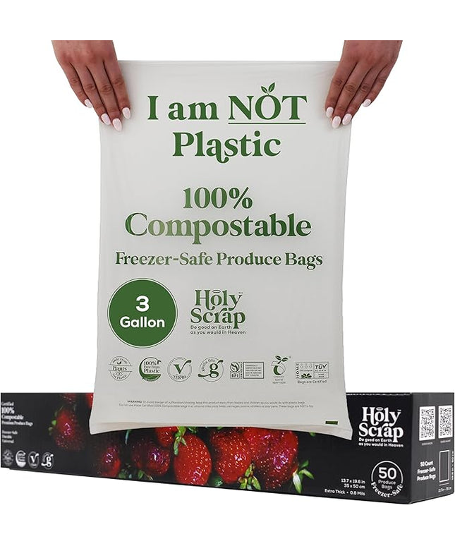 100% Compostable Produce Freezer Bags 3 Gallon Size - 50 Pack - Freezer Safe Bag for Food Storage, Eco Friendly, Plant Based Recyling Kitchen Storage Bags - BPI Certified, OK Compost Home