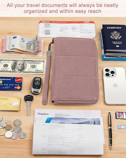 Family Passport Holder Wallet with Zipper, RFID Blocking Travel Document Organizer, PU Leather Passport Wallet for Women Men, Passport Cover Travel Wallet for Boarding Pass, ID, Money, Tickets