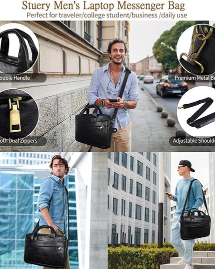Faux Leather Messenger Bag for Men 15.6 Inch: Laptop Bag Briefcase Computer Handbags Shoulder Crossbody Bag with Padded Laptop Sleeve for Work College Travel, PU Black