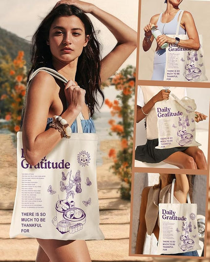 Aesthetic Canvas Tote Bag - Reusable Shoulder Tote Bag for Women Lady Casual Vacation, Shopping, Work, Gym
