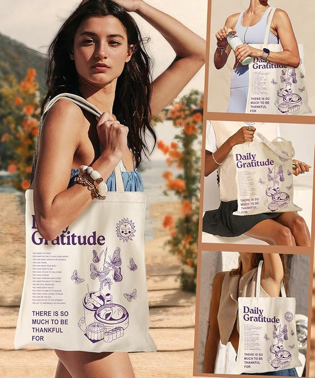 Aesthetic Canvas Tote Bag - Reusable Shoulder Tote Bag for Women Lady Casual Vacation, Shopping, Work, Gym