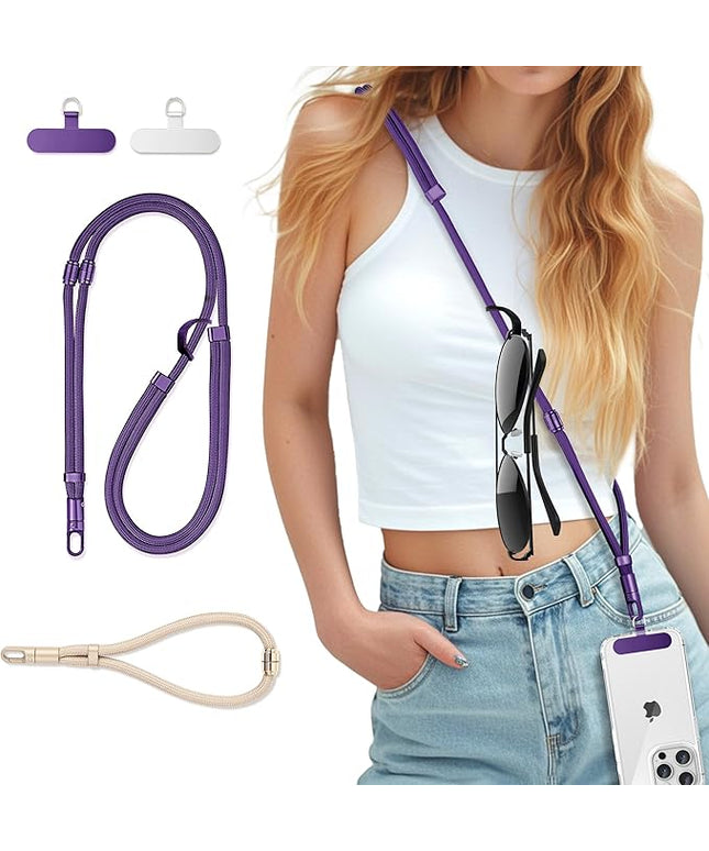 3-in-1 Cell Phone Lanyard 1 Pack + Wrist Strap 1 Pack - Convertible Crossbody Strap with Locking Knob Friendly, Adjustable Neck Lanyard for Gym/Work/Travel Essentials(Purple)