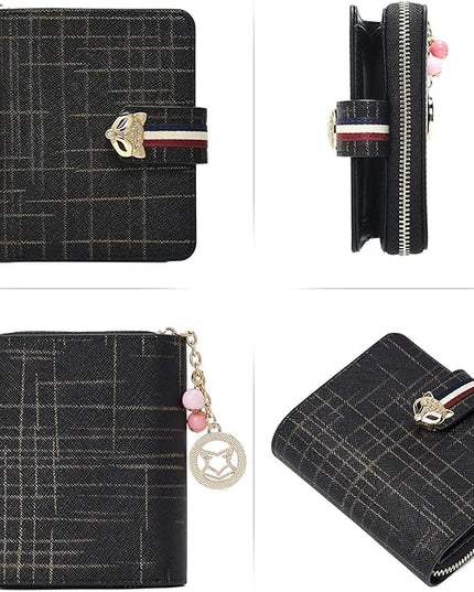 FOXLOVER Genuine Leather Zip Small Wallet Women RFID Blocking Credit Card Bifold Wallet Business Card Holder with ID Window(Black)