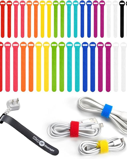 Self-Gripping Cable Ties by Wrap-It Storage, Multi-Color, 40 Pack (5 Inch and 8 Inch Straps) – Reusable Hook and Loop Cord Keeper, Cable Wrappers for Cord Management and Home Office Desk Organization