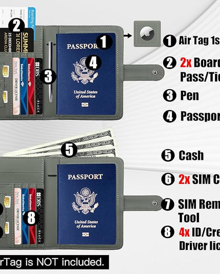 GOAUS Passport Holder for Travel with AirTag Slot Cards Cash Pocket, Faux Leather Travle Wallet Gifts for Women Men RFID Blocking Book Case Green, AirTag Not Included