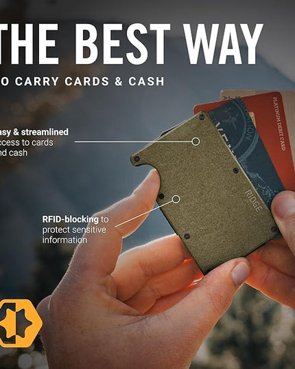 Ridge Wallet for Men - Slim Minimalist Compact Wallet and Card Holder, RFID Protected Front Pocket Wallets for Men with Integrated Cash Strap (Brass)
